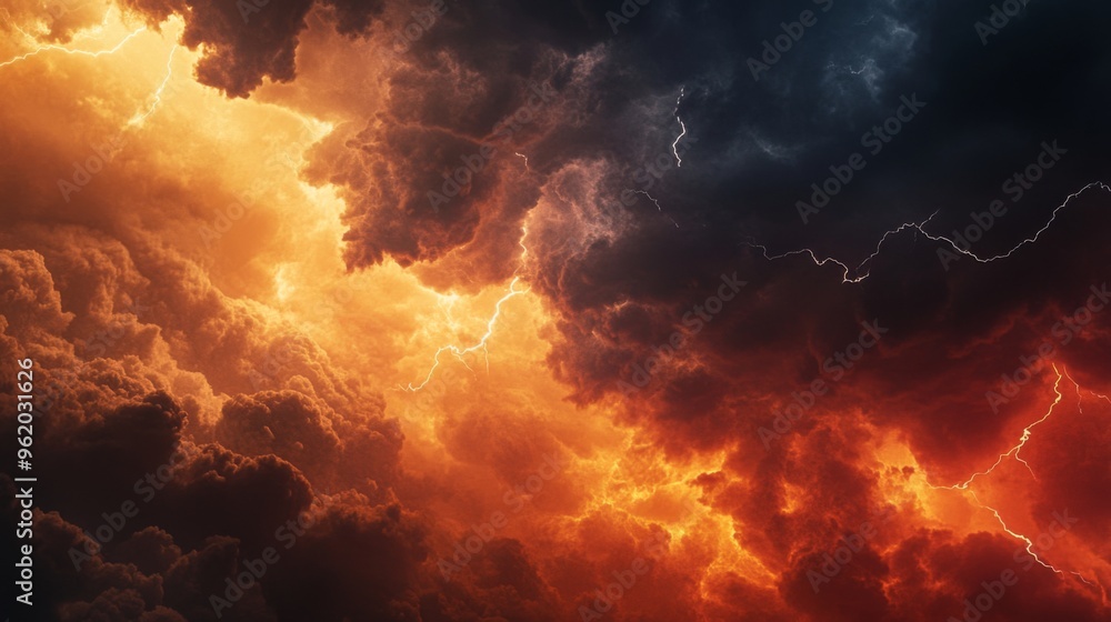 Close-up of dark, menacing storm clouds forming on the horizon, with lightning streaking through and a dramatic contrast against the sky Close-up of dark, menacing storm clouds forming on the horizon, with lightning streaking through and a dramatic contrast against the sky