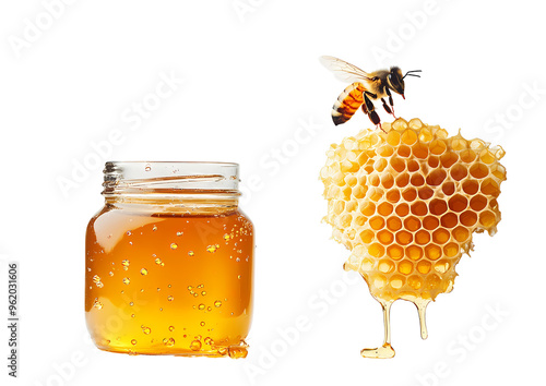 Bees cling to honeycombs floating in the air. There was a shiny golden honey jar next to it transparent background.