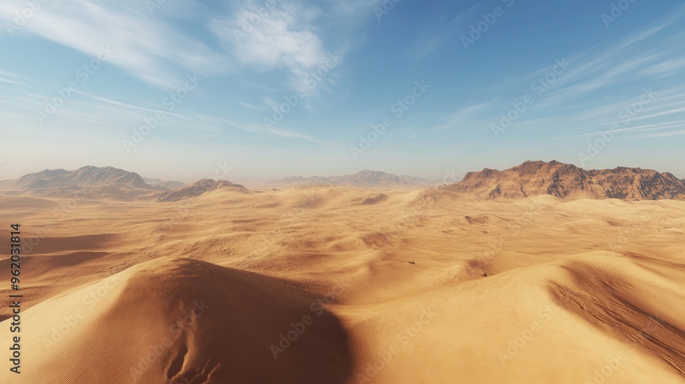 Fototapeta premium A vast desert landscape showcases endless dunes under a clear blue sky, evoking a sense of tranquility and isolation in nature.