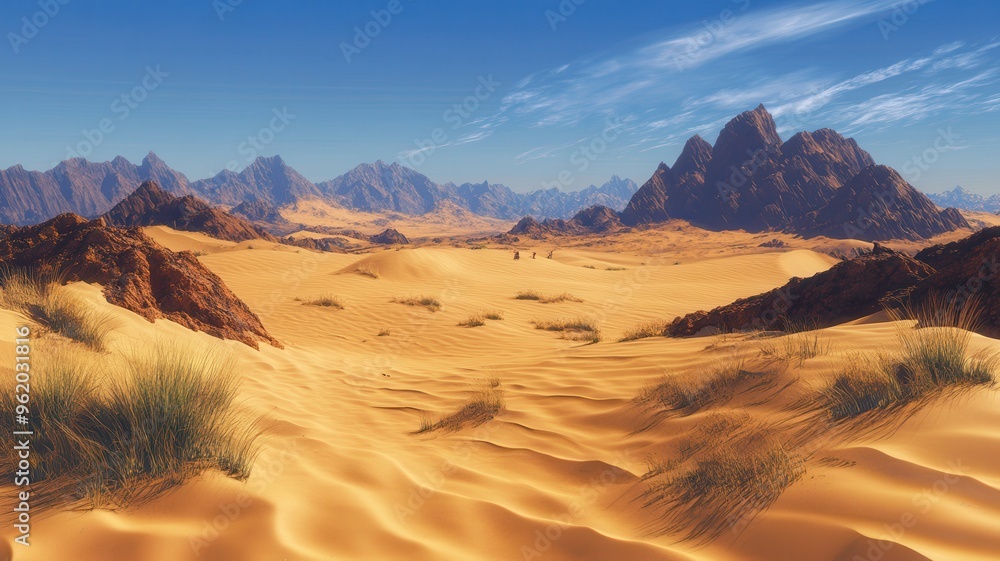 Naklejka premium A vast desert landscape showcasing golden sand dunes and rugged mountains under a clear blue sky.