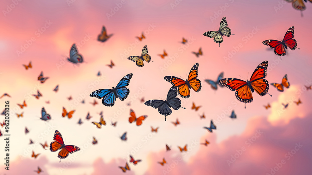 Many colorful butterflies flying in the sky against a backdrop of pink and purple clouds. Many colorful butterflies flying in the sky against a backdrop of pink and purple clouds.