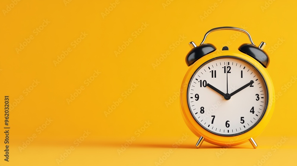 A bright yellow alarm clock on a yellow background, symbolizing time, punctuality, and the importance of keeping track of hours. A bright yellow alarm clock on a yellow background, symbolizing time, punctuality, and the importance of keeping track of hours.