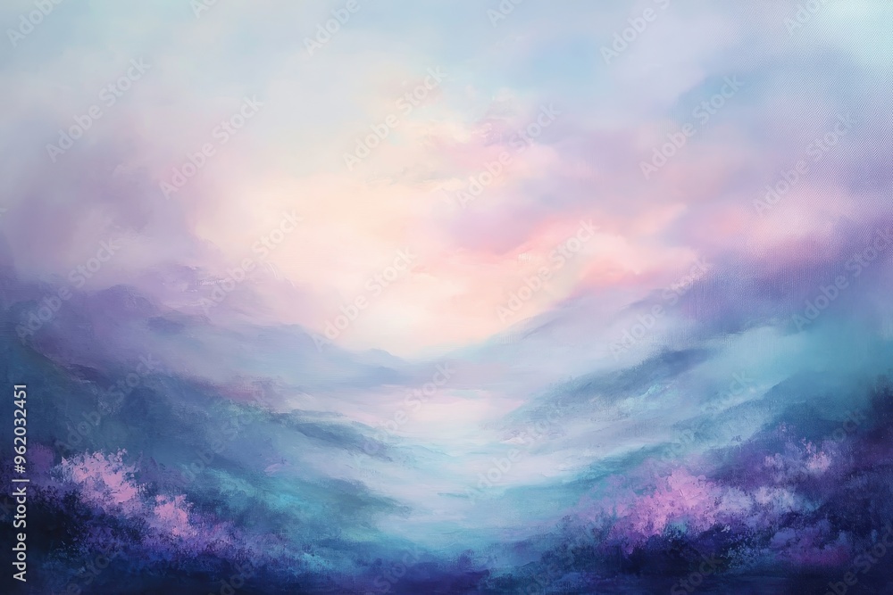 Fototapeta premium Abstract Painting of a Misty Mountain Valley at Sunset