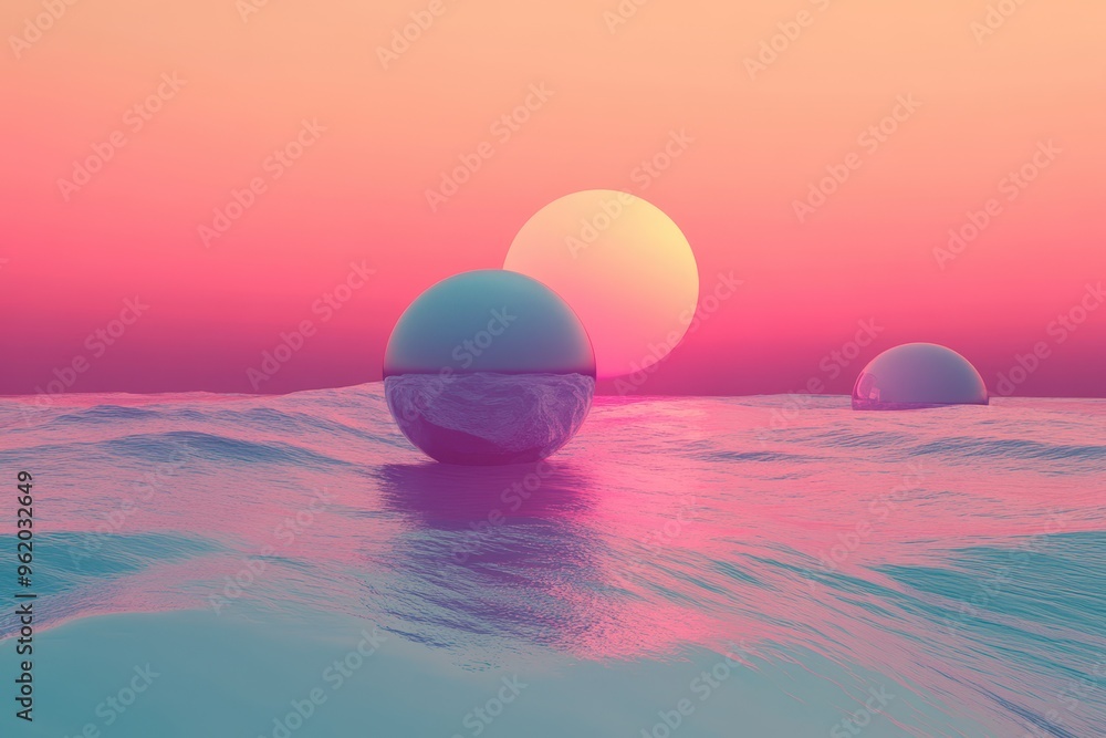 A Single Metallic Sphere Floating on a Pink and Blue Rippling Ocean with Two Suns in the Distance A Single Metallic Sphere Floating on a Pink and Blue Rippling Ocean with Two Suns in the Distance