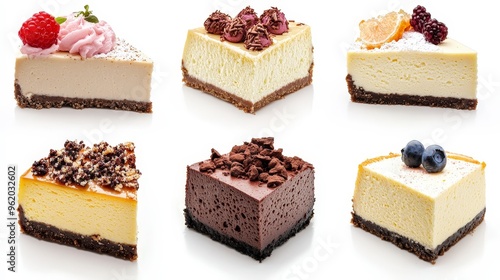 Assortment of Nine Delicious Cheesecake Slices on White Background - High Resolution Food Photography Showcasing Various Flavors and Textures