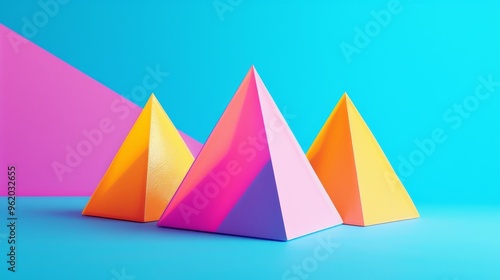 A dynamic arrangement of pyramids in varying shades of pink, orange, and yellow, illuminated by a striking light gradient. The combination of bright colors and creative lighting adds energy and a