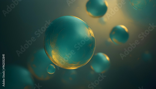 Abstract spheres with a teal and gold sheen float against a soft, blurred background. The orbs create a sense of depth and mystery.