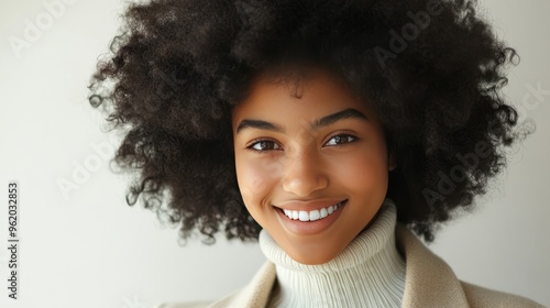 Portrait of a beautiful young woman with curly hair smiling.