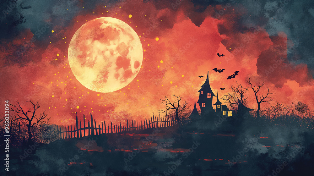 A Halloween scene featuring jack-o'-lanterns, bats, and a full moon. A Halloween scene featuring jack-o'-lanterns, bats, and a full moon.
