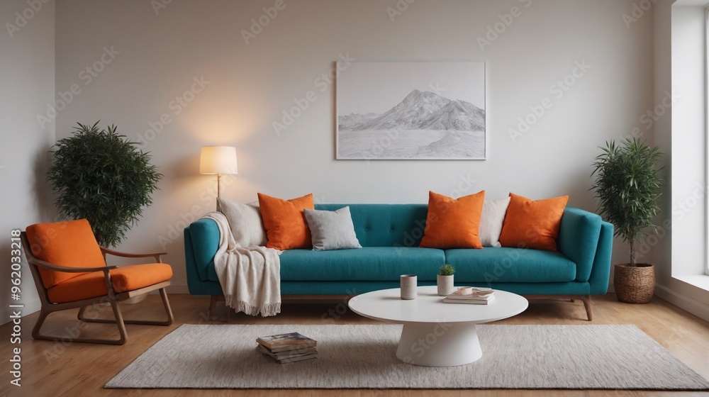 A beautifully coloured sofa and wall art interior design template, living room interior image. A beautifully coloured sofa and wall art interior design template, living room interior image.