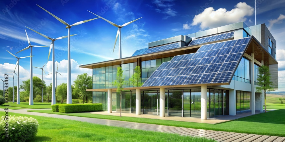 Obraz premium Sustainable Architecture Modern House with Solar Panels and Wind Turbines, Green Energy, Renewable Energy, Eco-Friendly