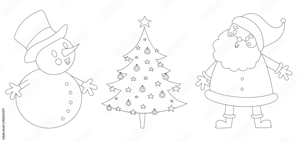 Fototapeta premium Coloring Vector Page of Santa Claus and Snowman Admiring the Christmas Tree. Coloring Book Xmas Elements: Happy Santa, Cute Snowman and Fir Tree with Baubles and Stars. White Background.