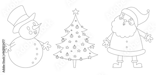 Coloring Vector Page of Santa Claus and Snowman Admiring the Christmas Tree. Coloring Book Xmas Elements: Happy Santa, Cute Snowman and Fir Tree with Baubles and Stars. White Background.