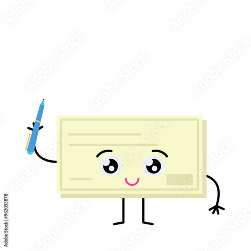 Cute bank check with pen. Character. Simple flat vector illustration.