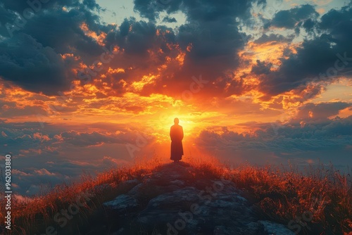 cinematic wideangle shot of a lone figure praying on a hilltop at sunset silhouetted against a sky filled with dramatic clouds