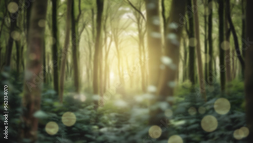 Fototapeta Naklejka Na Ścianę i Meble -  Green forest image with warm light and blurred background.