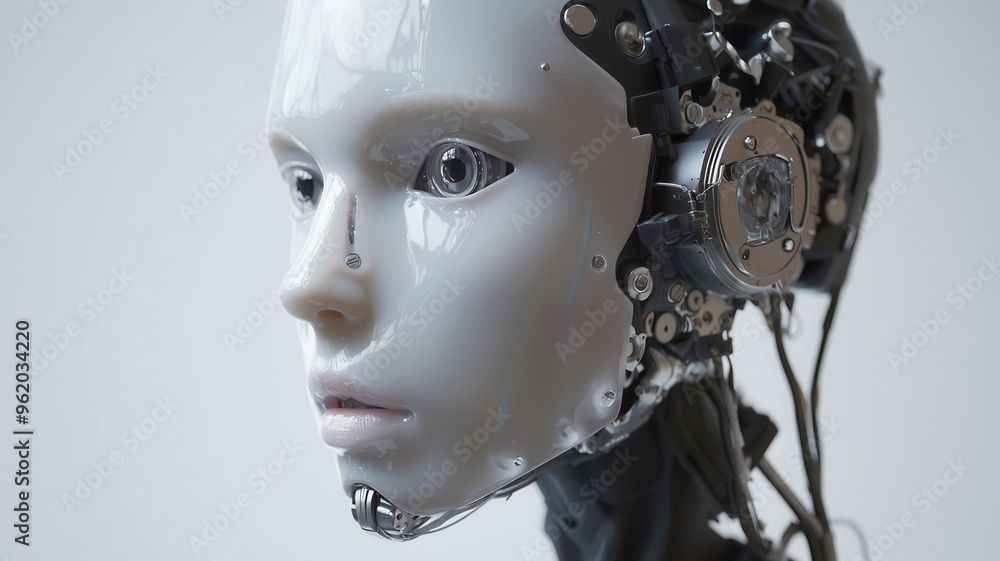 Close-up of a futuristic robotic head showcasing intricate design and advanced technology in human-like features. Close-up of a futuristic robotic head showcasing intricate design and advanced technology in human-like features.