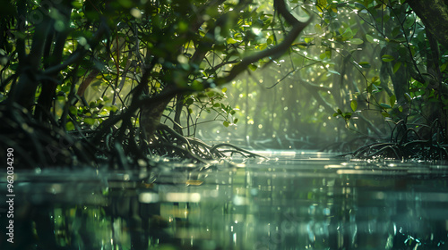 Emerald Sanctuary: Tranquil mangrove forest bathed in dappled sunlight, roots reflected in the still water. 
