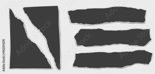 Set of torn black note paper pieces, strips are on grey squared background for text, notes or ad.