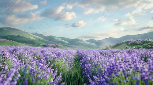 Lavender Dreamscape: Rows of vibrant lavender flowers stretch towards majestic mountains, bathed in the soft glow of dawn, evoking tranquility and natural beauty. 