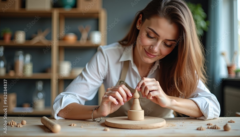 A skilled artisan shaping clay on a potter's wheel, showcasing creativity and dedication in a cozy workshop environment. A skilled artisan shaping clay on a potter's wheel, showcasing creativity and dedication in a cozy workshop environment.