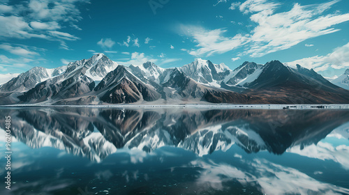 Serene Mountain Reflection: A breathtaking vista of snow-capped mountains mirrored in a tranquil lake, showcasing the beauty and serenity of nature, a perfect backdrop for tranquility, travel, and adv photo