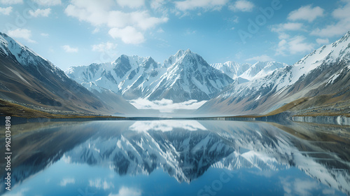 Serene Mountain Reflections: A breathtaking panorama of snow-capped peaks mirrored in a pristine lake, evoking tranquility and awe in this stunning landscape photography. 