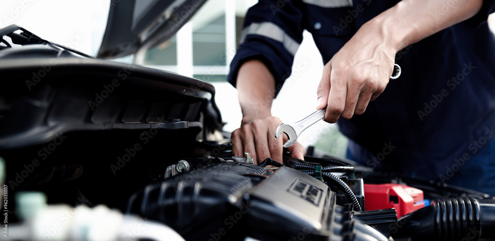 Fototapeta premium Mechanic are using the wrench to repair and maintenance auto engine at car repair shop,Car auto services and maintenance check concept.