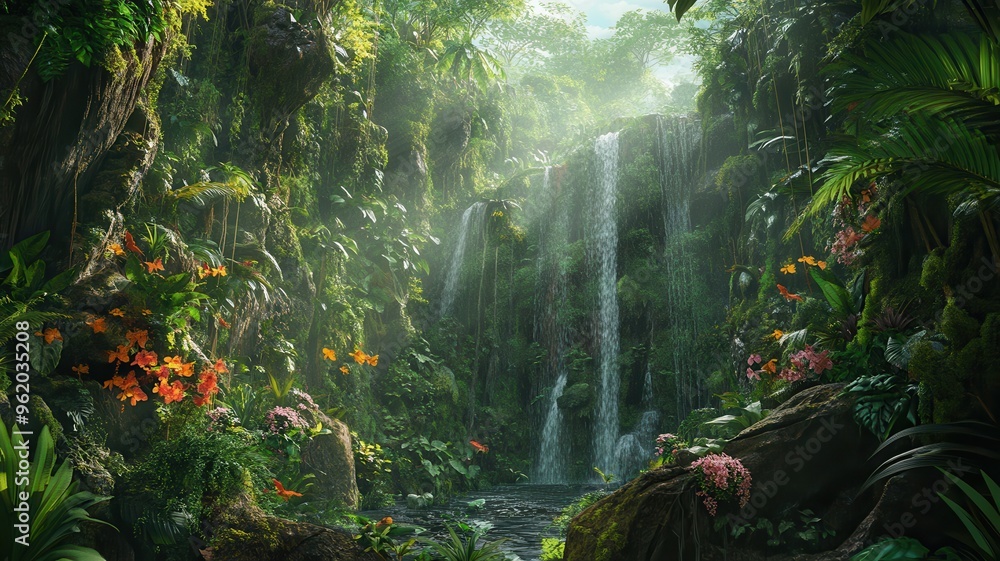 Lush jungle scene featuring a serene waterfall surrounded by vibrant flora and tropical plants, ideal for nature lovers. Lush jungle scene featuring a serene waterfall surrounded by vibrant flora and tropical plants, ideal for nature lovers.