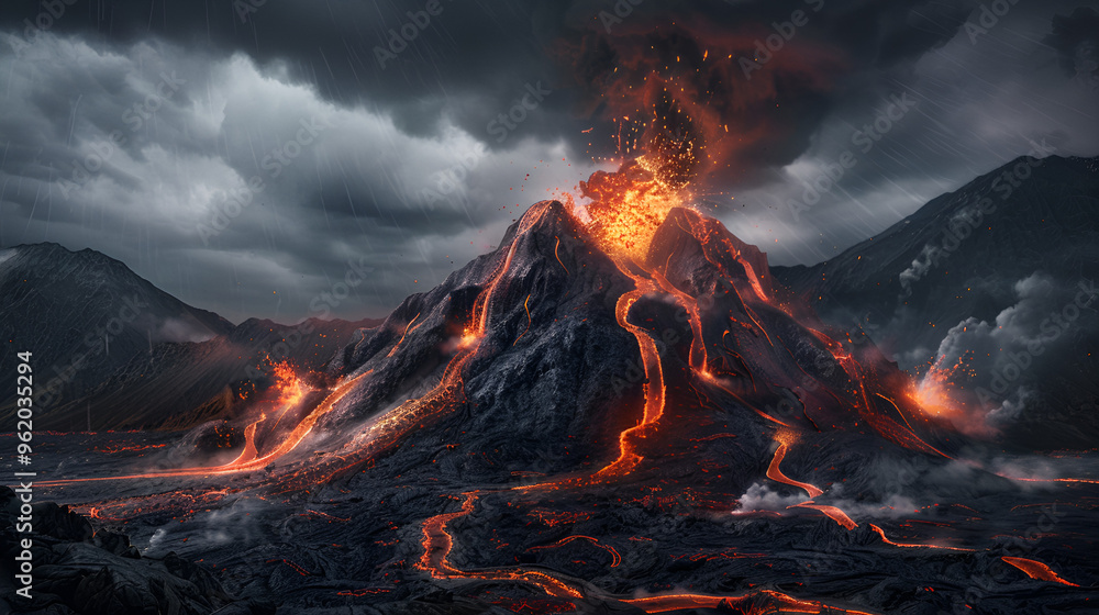 Volcano Eruption: Dramatic and powerful image of a volcano erupting, with molten lava flowing down its slopes and plumes of smoke rising into the sky. The ominous clouds overhead add to the sense of a Volcano Eruption: Dramatic and powerful image of a volcano erupting, with molten lava flowing down its slopes and plumes of smoke rising into the sky. The ominous clouds overhead add to the sense of a