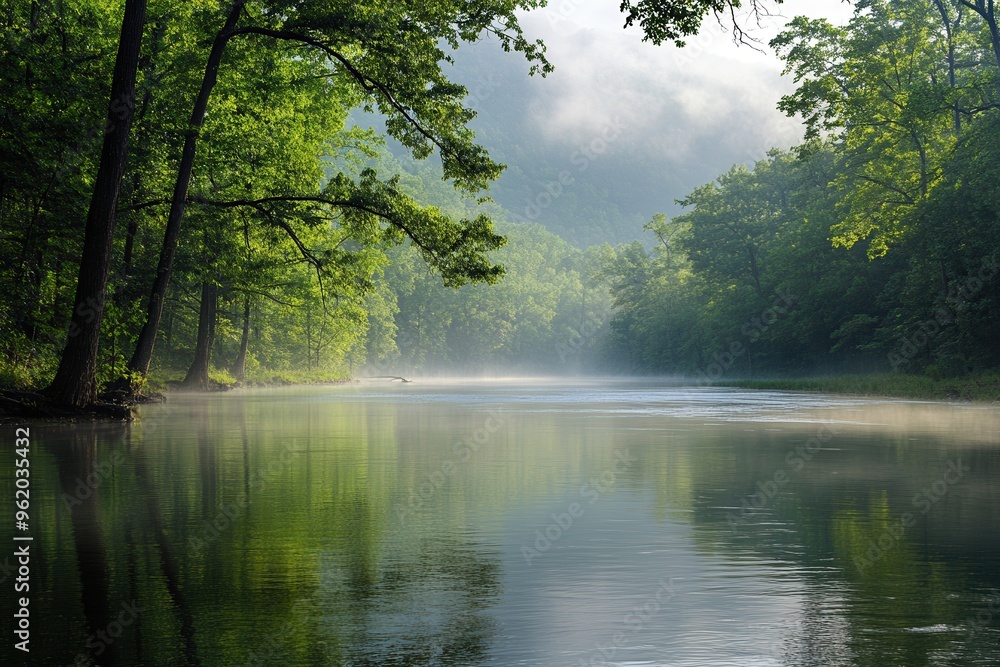 Serene river surrounded by lush greenery and misty mountains, perfect for nature lovers and tranquil landscapes. Serene river surrounded by lush greenery and misty mountains, perfect for nature lovers and tranquil landscapes.