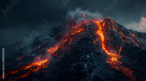 Volcanic Fury Unleashed: A tempestuous twilight sky frames a volcanic spectacle as molten lava cascades down the mountainside. 