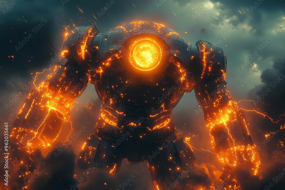 colossal robotic figure crackling with electric energy vibrant orange metal contrasting against stormy background lightning bolts emanating from its core scifi epic scene colossal robotic figure crackling with electric energy vibrant orange metal contrasting against stormy background lightning bolts emanating from its core scifi epic scene