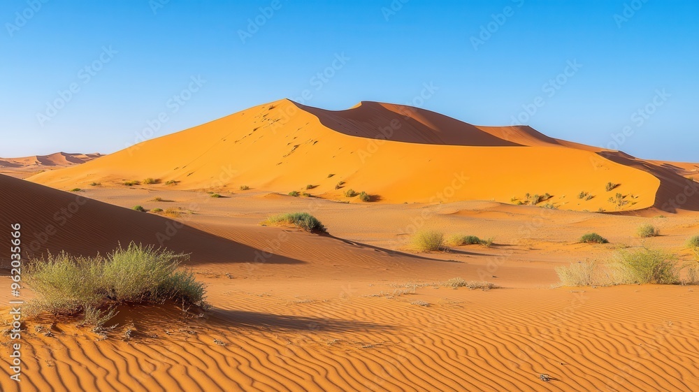 Vibrant orange sand dunes under a clear blue sky, showcasing the beauty of the desert landscape in perfect harmony. Vibrant orange sand dunes under a clear blue sky, showcasing the beauty of the desert landscape in perfect harmony.