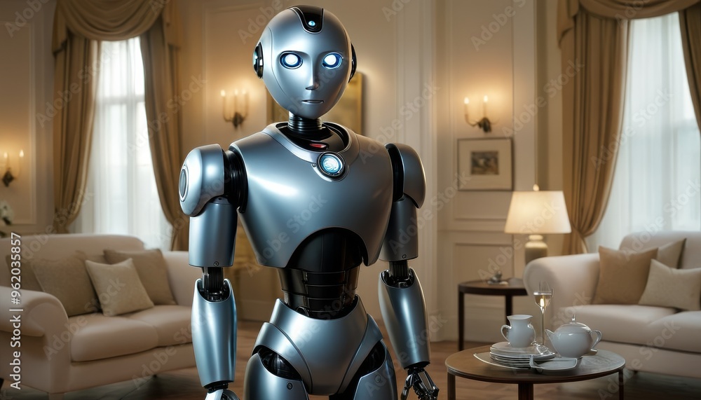 A sophisticated humanoid robot stands in an elegant living room, featuring plush sofas, a lamp, and fine tableware, blending technology with luxury. The robot's design and surroundings exude modernity A sophisticated humanoid robot stands in an elegant living room, featuring plush sofas, a lamp, and fine tableware, blending technology with luxury. The robot's design and surroundings exude modernity