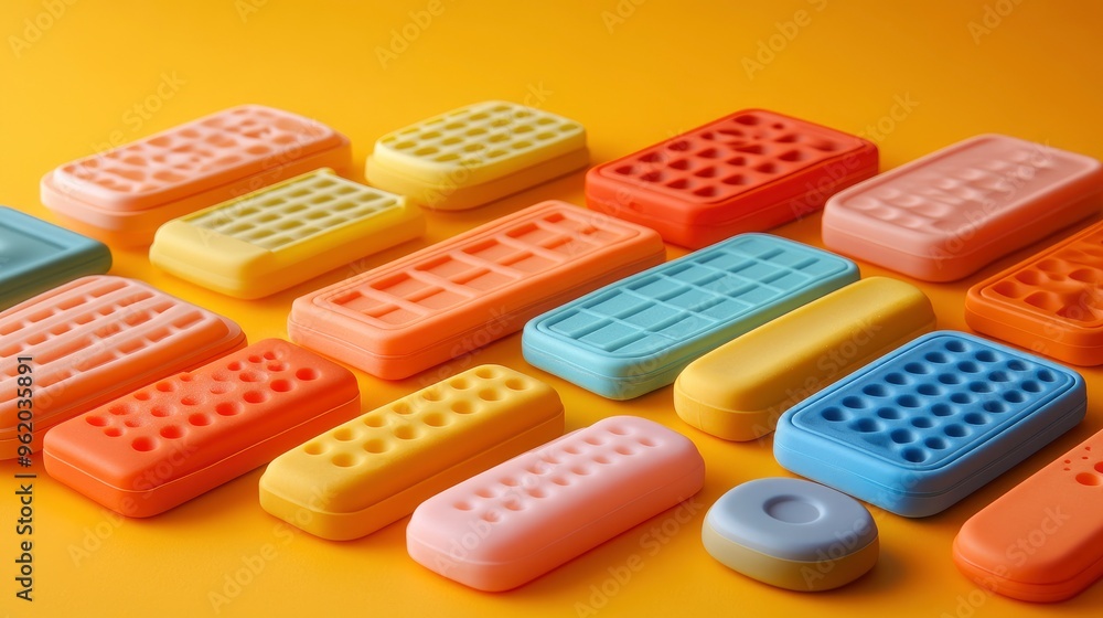 Colorful Silicone Pop It Fidget Toys on Yellow Background Colorful Silicone Pop It Fidget Toys on Yellow Background
