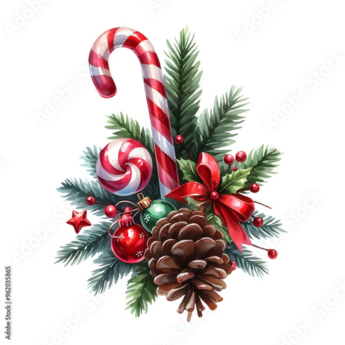 Christmas arrangement with candy cane, pine cone, ornaments, and fir branches on a white background. Christmas holiday watercolor cut out design concept.