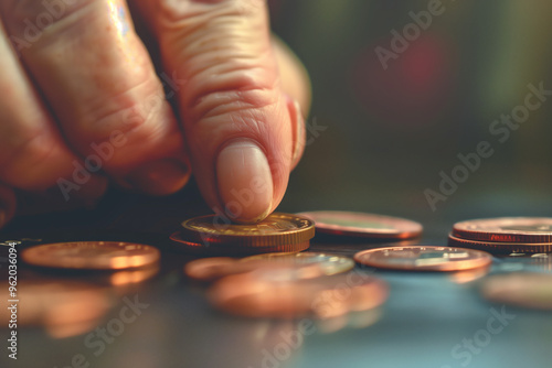 Close-up of an elderly hand carefully picking up a coin, symbolizing financial management and savings