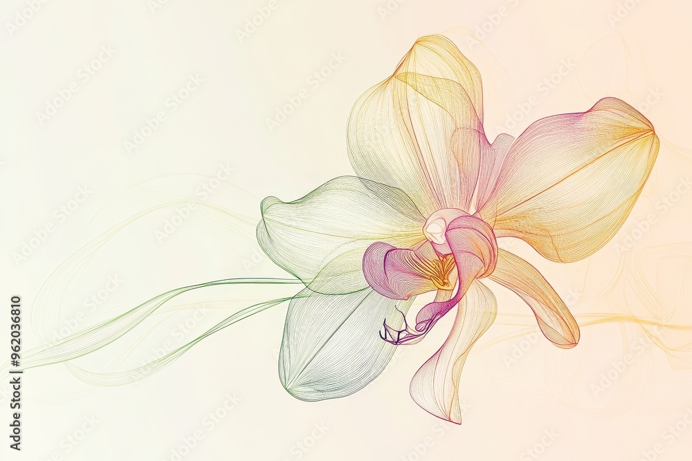 Delicate Orchid Bloom: Single Line Drawing with Subtle Pastel Shades for Soft Elegance Delicate Orchid Bloom: Single Line Drawing with Subtle Pastel Shades for Soft Elegance