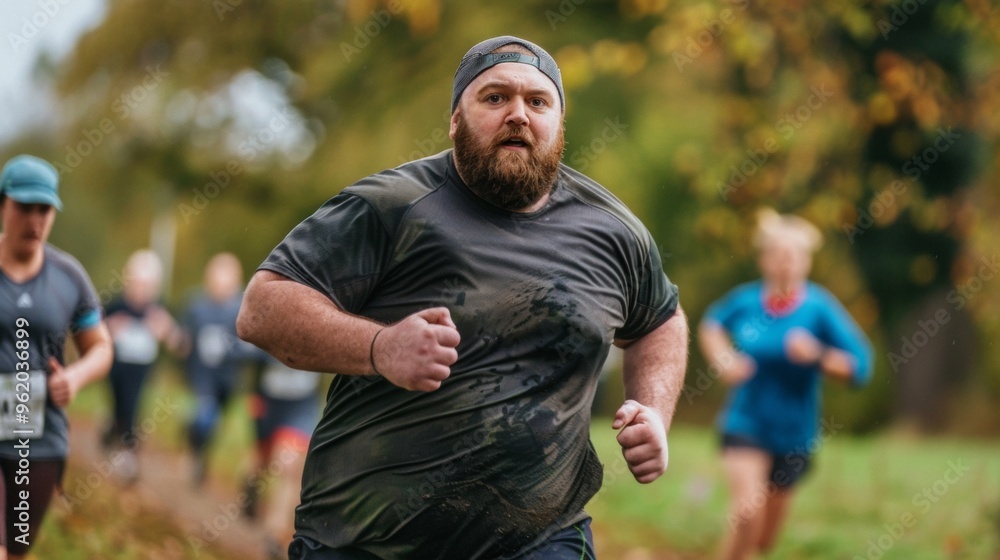 Fototapeta premium Fat or obese man jogging, weight loss program