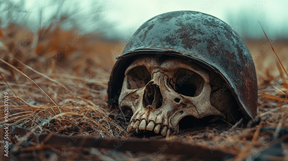 Human skull in a military helmet lying on a battlefield, wallpaper background Human skull in a military helmet lying on a battlefield, wallpaper background