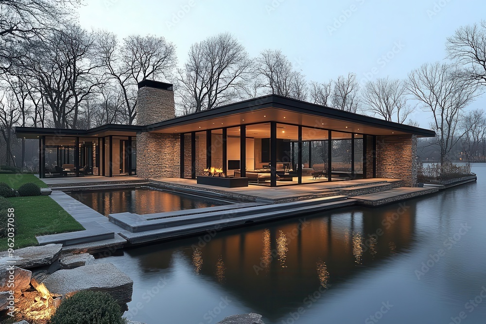 contemporary lakeside retreat sleek architectural marvel with expansive glass walls framing serene water views minimalist design harmonizes with natural surroundings in tranquil setting contemporary lakeside retreat sleek architectural marvel with expansive glass walls framing serene water views minimalist design harmonizes with natural surroundings in tranquil setting