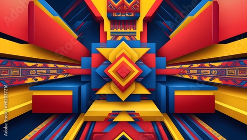 an abstract digital art representation of Hispanic culture incorporating vibrant geometric shapes and patterns, rich in red, yellow, and blue hues blending elements of Aztec and modern urban styles