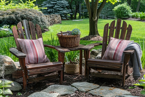 Adirondack chair and side table set with colorful cushions and picnic blanket on lawn, surrounded by trees and stone wall. photo