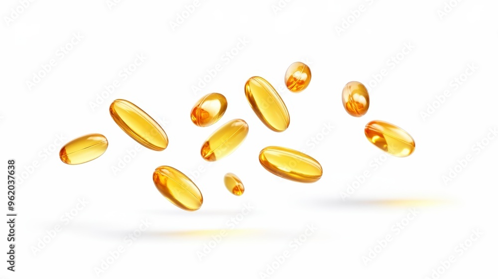 Vivid Golden Fish Oil Softgels Suspended in Air - High-Resolution Product Photography on White Background Vivid Golden Fish Oil Softgels Suspended in Air - High-Resolution Product Photography on White Background