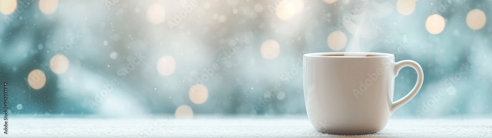 Fototapeta premium Cozy Winter Sip, A steaming cup on a wooden windowsill, snowy forest outside, evokes warmth and tranquility, perfect for a peaceful evening retreat.