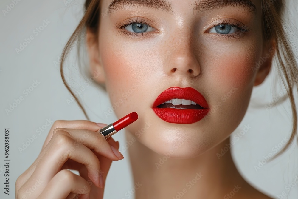 Close-up of woman applying red lipstick, beauty concept Close-up of woman applying red lipstick, beauty concept