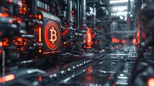 A futuristic digital environment showcasing Bitcoin mining with glowing elements and intricate machinery.