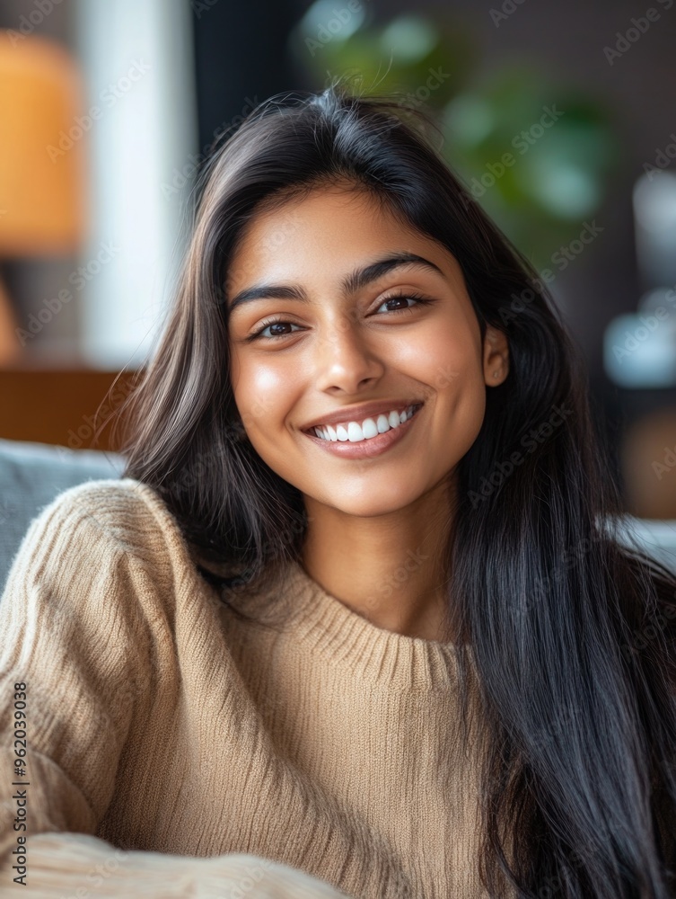 Contented Woman Smiling at Camera with Warm Interior Contented Woman Smiling at Camera with Warm Interior
