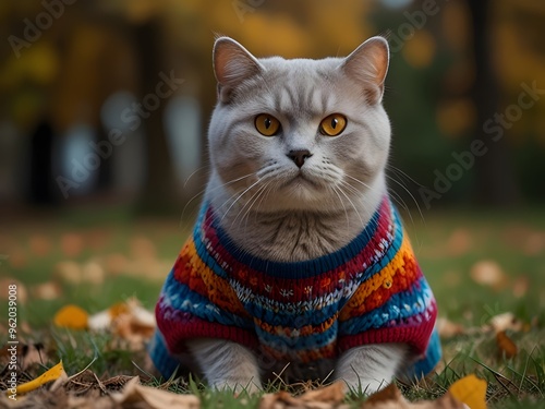 Adorable British Shorthair Wearing a Sweater in Autumn - Great for Pet Lovers, Home Decor and Autumn Designs